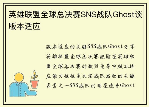英雄联盟全球总决赛SNS战队Ghost谈版本适应